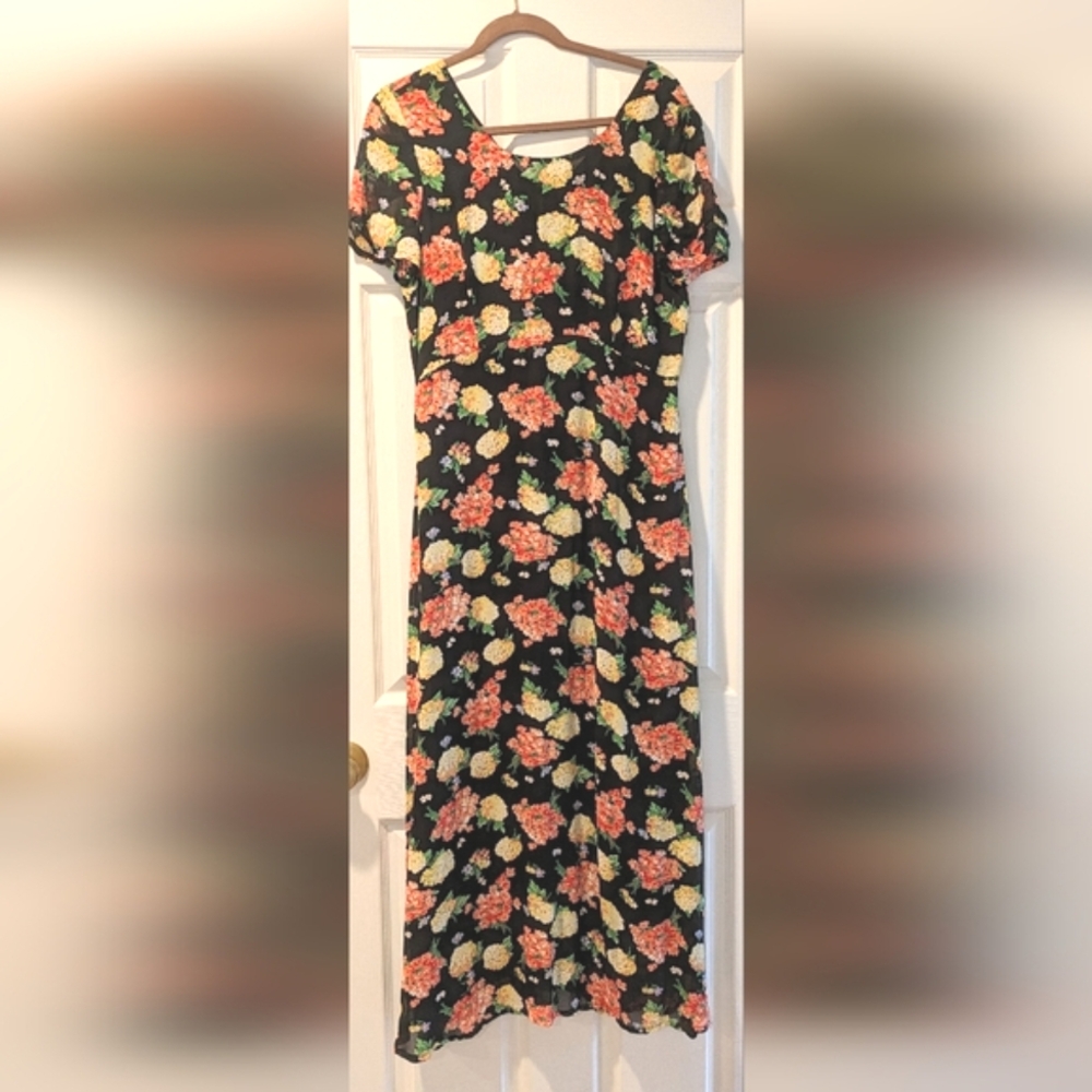 VTG EUC 90s Sz 10 Laura Ashley Black Floral Midi Dress Black Pink Yellow